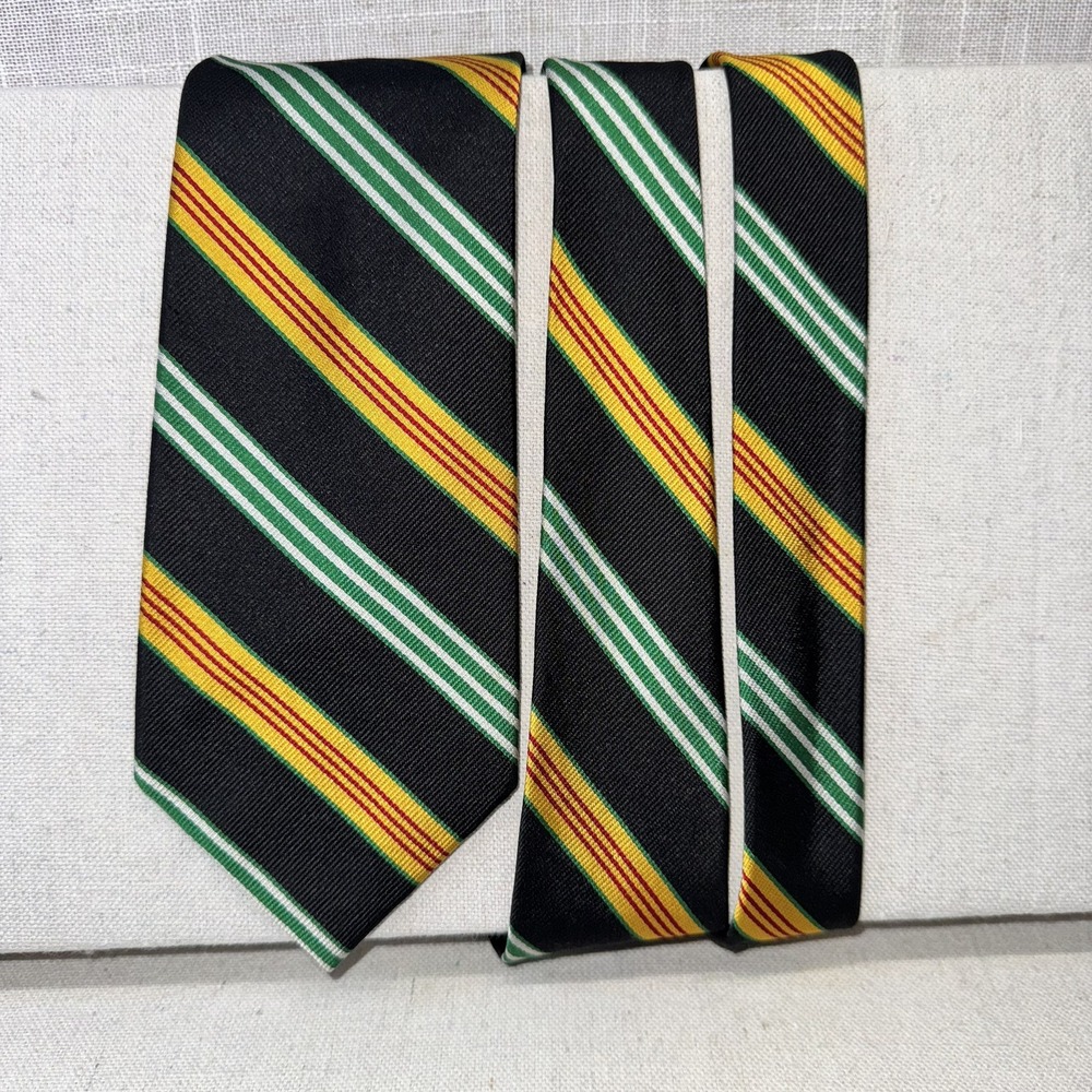 Ben Silver Silk‎ Necktie Mens 3.25" Black Green Yellow Striped Regimental Preppy